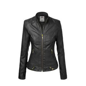 NEW Made By Johnny Black Zip Up Moto Biker Jacket with Gold Hardware Size Medium